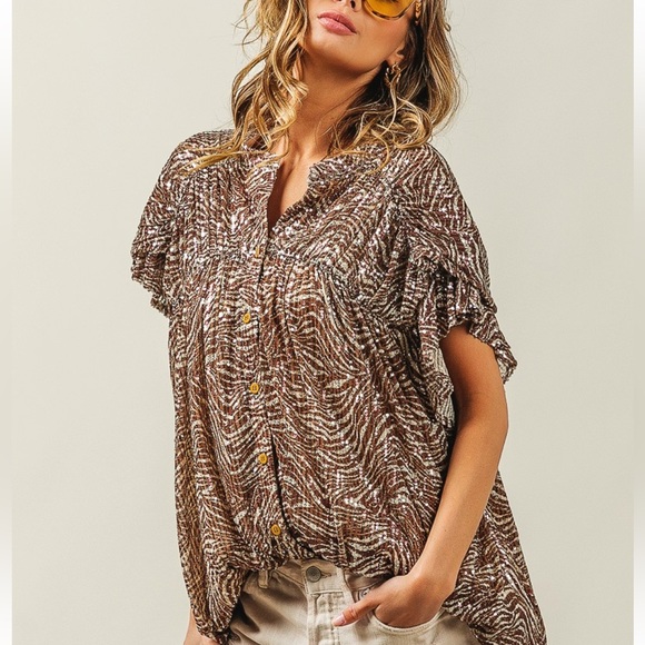 NEW TRENDING SHIRRED SHOULDER RUFFLED SLEEVE SEQUIN ZEBRA BLOUSE - Picture 10 of 13